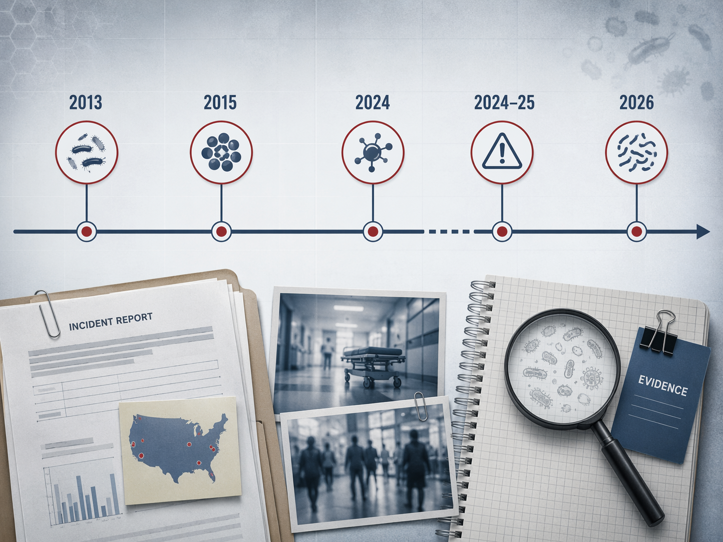 Evidence timeline from 2013 to 2026 with hazard markers