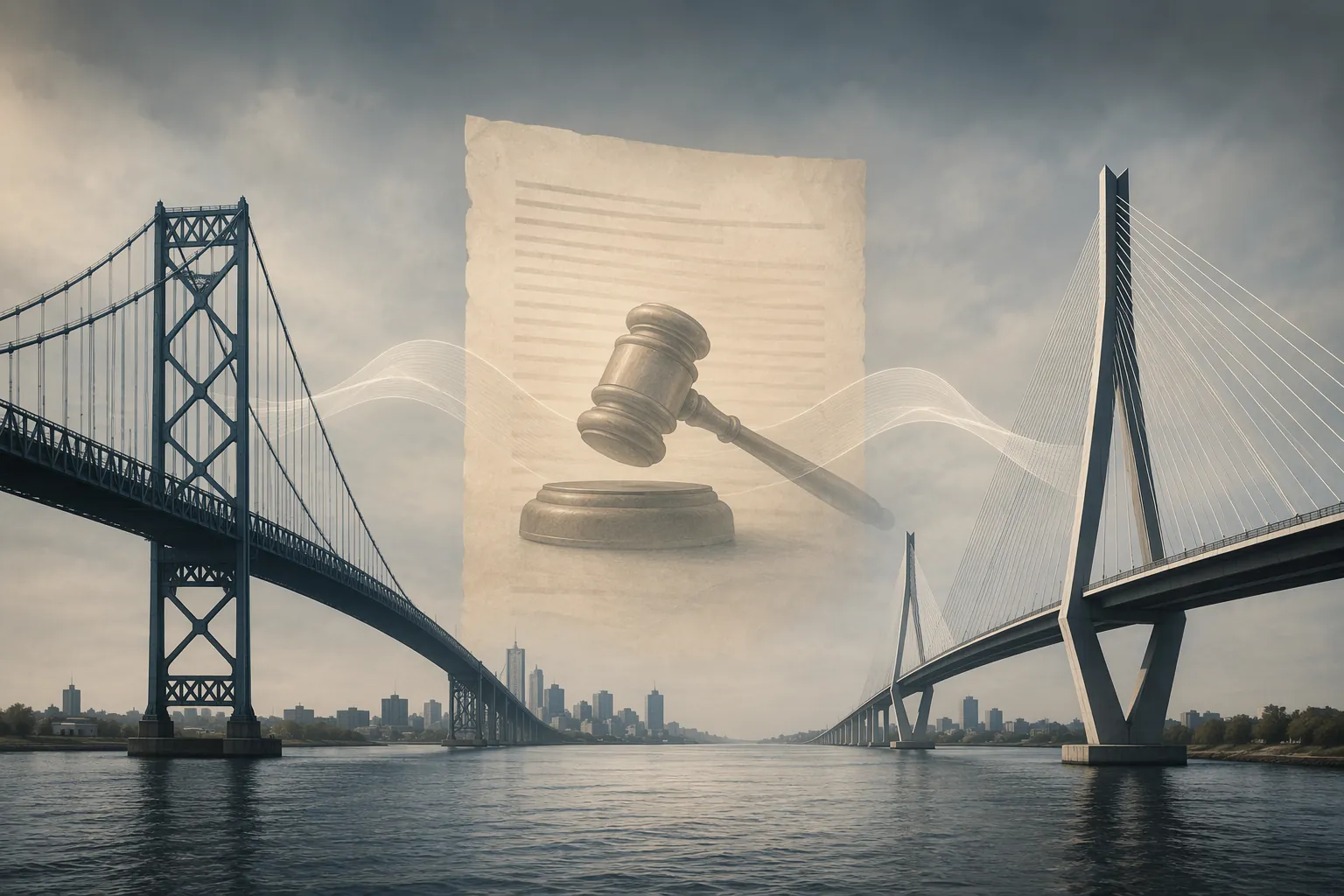 Two bridge silhouettes over a river with a legal document and gavel motif between them
