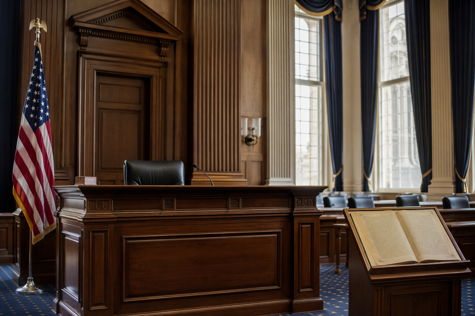 Federal courtroom with judge's bench, American flag, and an open constitutional law book
