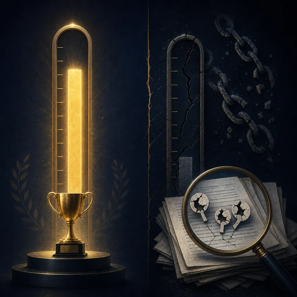 Benchmark trophy contrasted with cracked citation markers under a magnifying glass