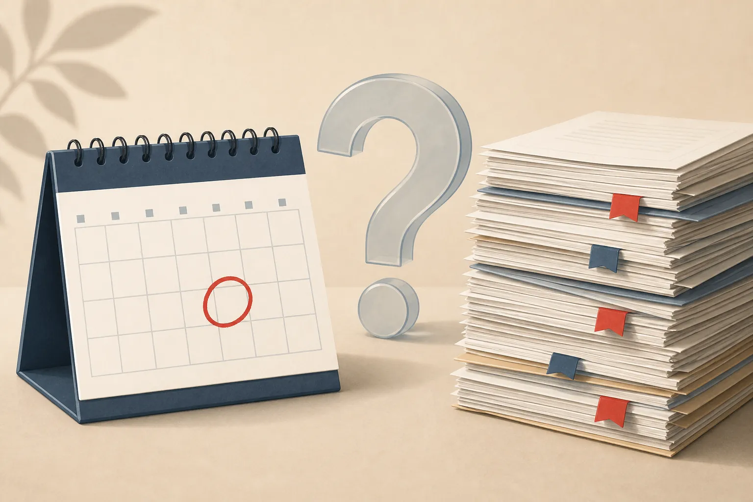 Desk calendar with a circled date beside a question mark and a stack of pending motion papers
