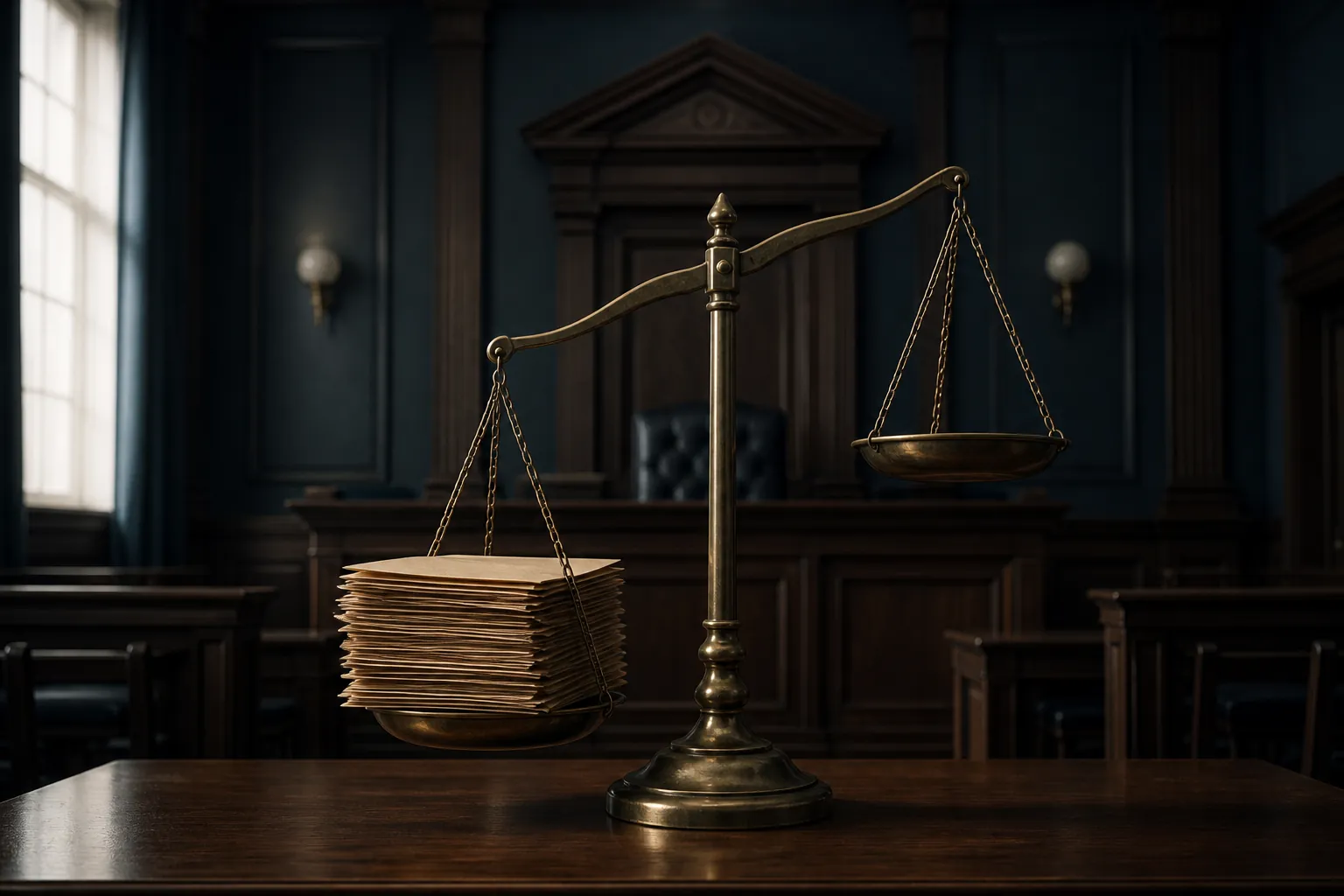 Empty courtroom viewed from the jury box with justice scales and case folders on a wooden table