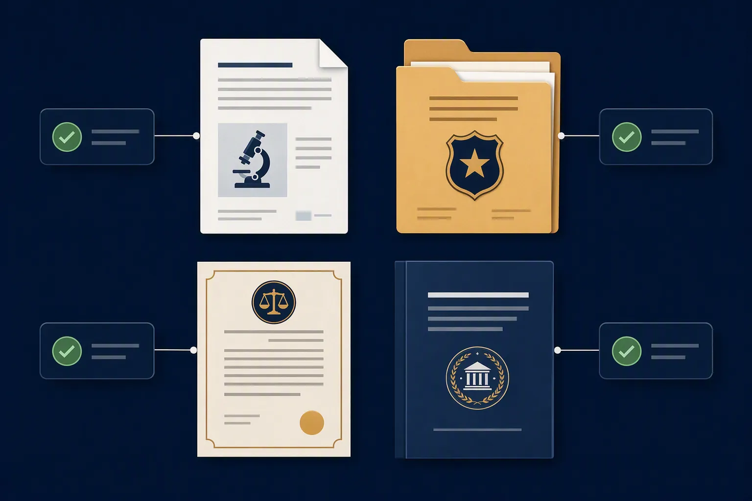 Grid of lab report, agency file, court order, and institutional findings documents linked to verified claim tags
