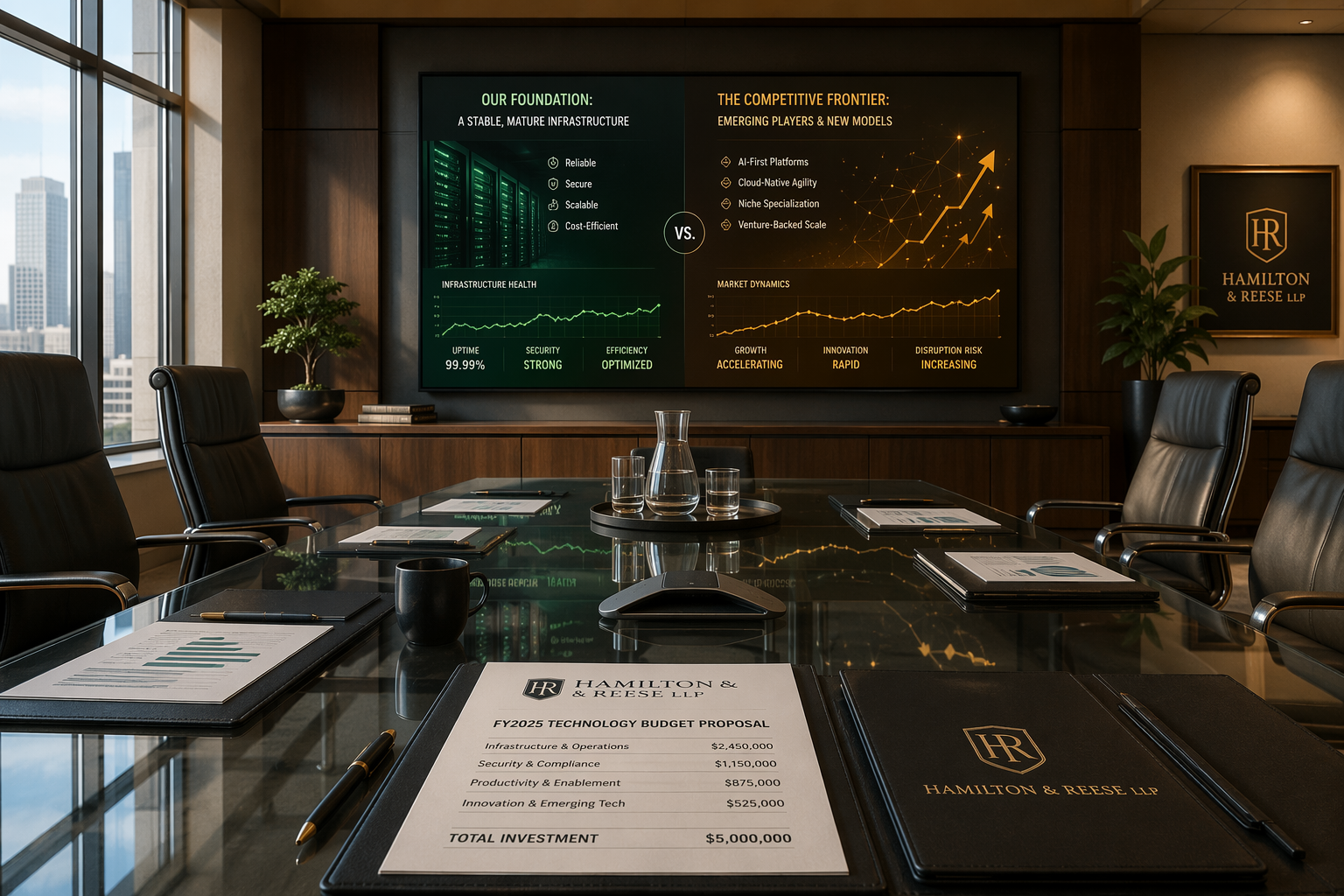 Law firm boardroom with budget papers and a split screen showing stable infrastructure and dynamic growth signals