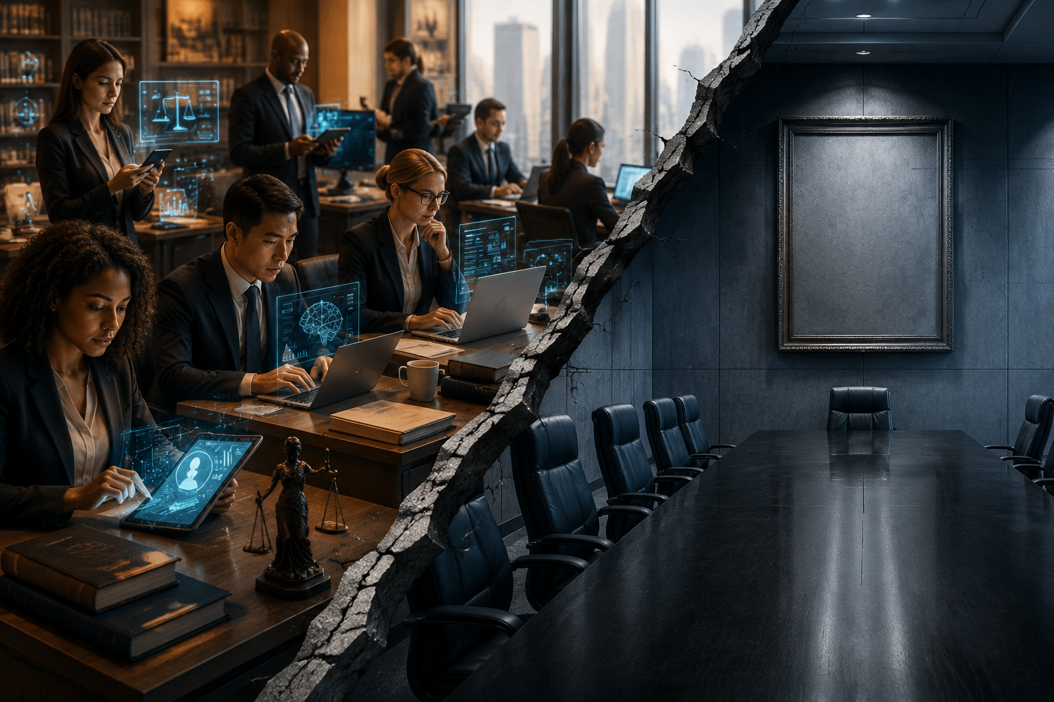 Law office professionals using AI tools separated from an empty boardroom with no governance policy
