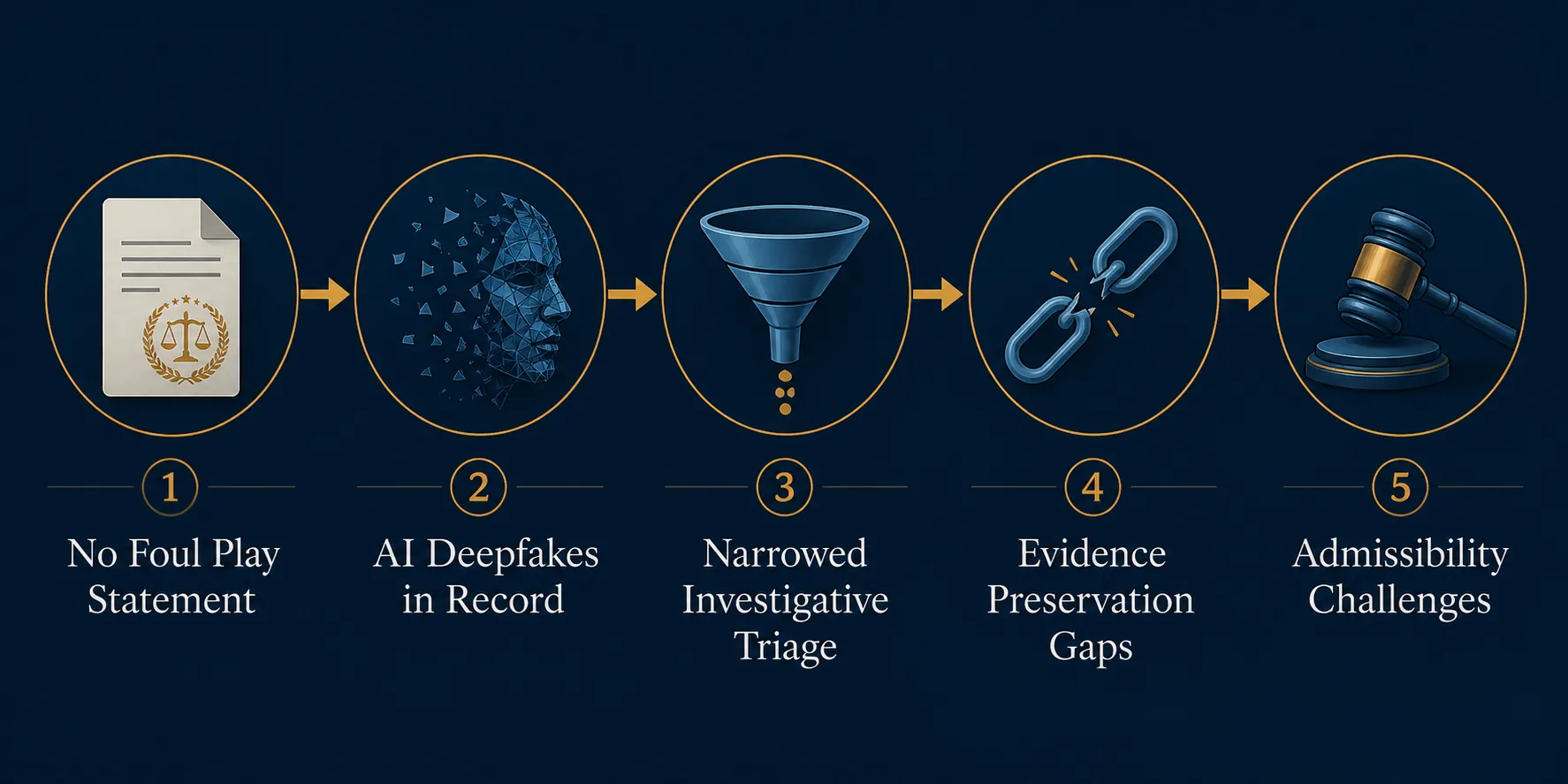Risk-chain flow from no foul play statement through AI deepfakes, investigative triage, preservation gaps, and admissibility challenges