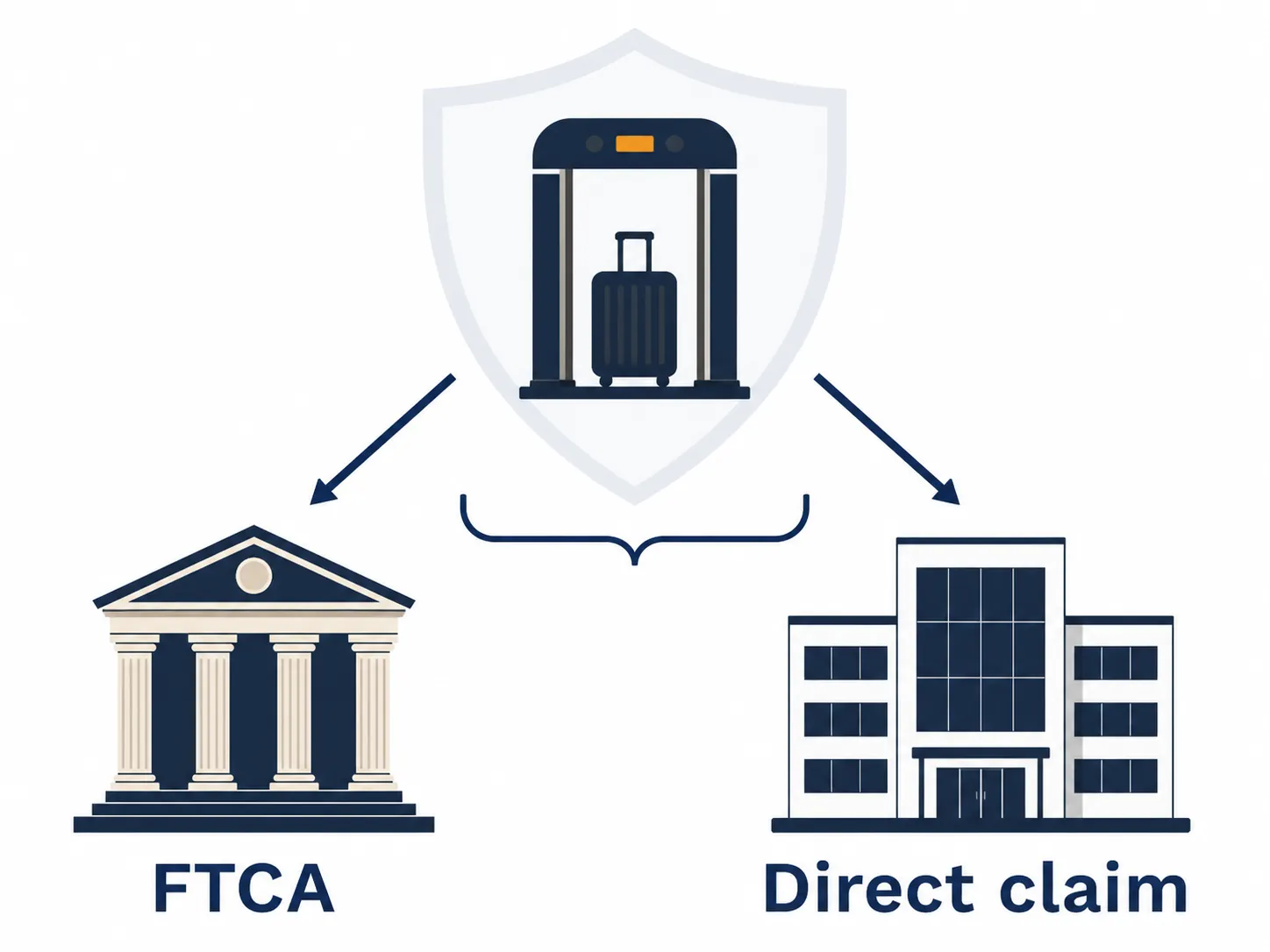 Legal diagram of a checkpoint with one arrow labeled FTCA leading to a courthouse and another labeled direct claim leading to a private company