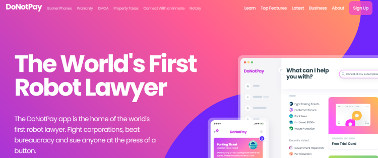 DoNotPay homepage showing consumer-facing legal service categories and AI-powered legal assistant claims