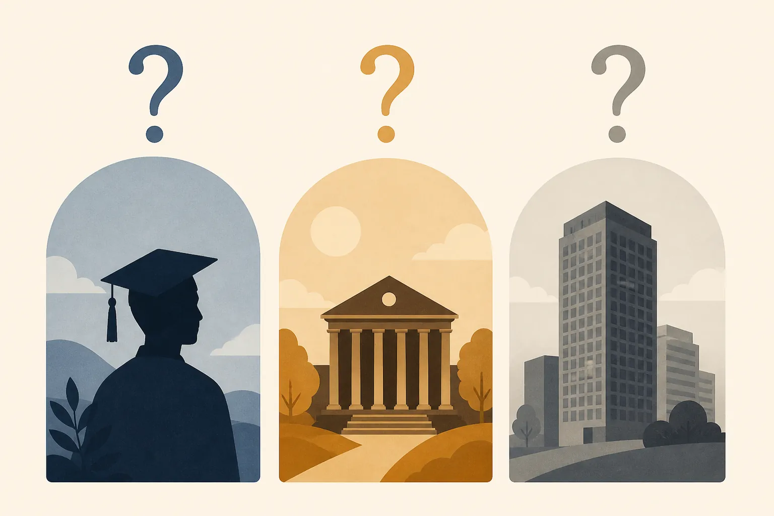 Student, university, and employer panels with question marks