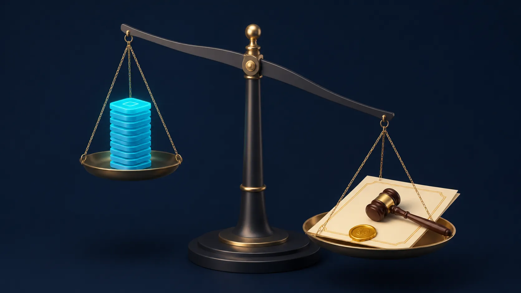 Balance scale weighing glowing digital token chips against a legal document with a wax seal and gavel