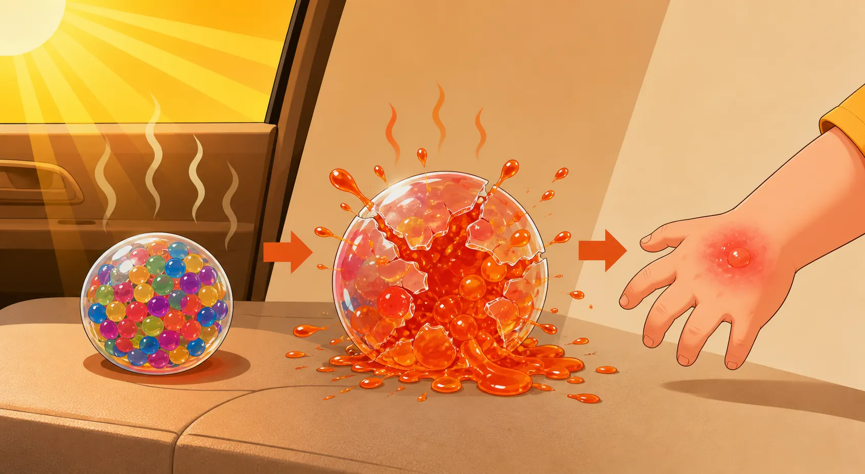 Illustration showing a gel squishy toy heating in a sunlit car, bursting, and hot gel reaching a child's hand