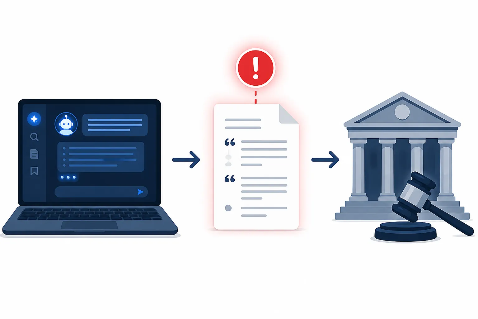 Workflow diagram showing AI research moving through an unverified checkpoint before reaching court filing review