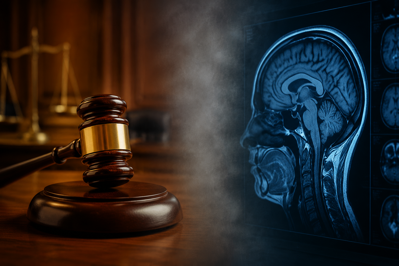 Courtroom gavel beside a brain scan with an unresolved gray zone between law and medicine.