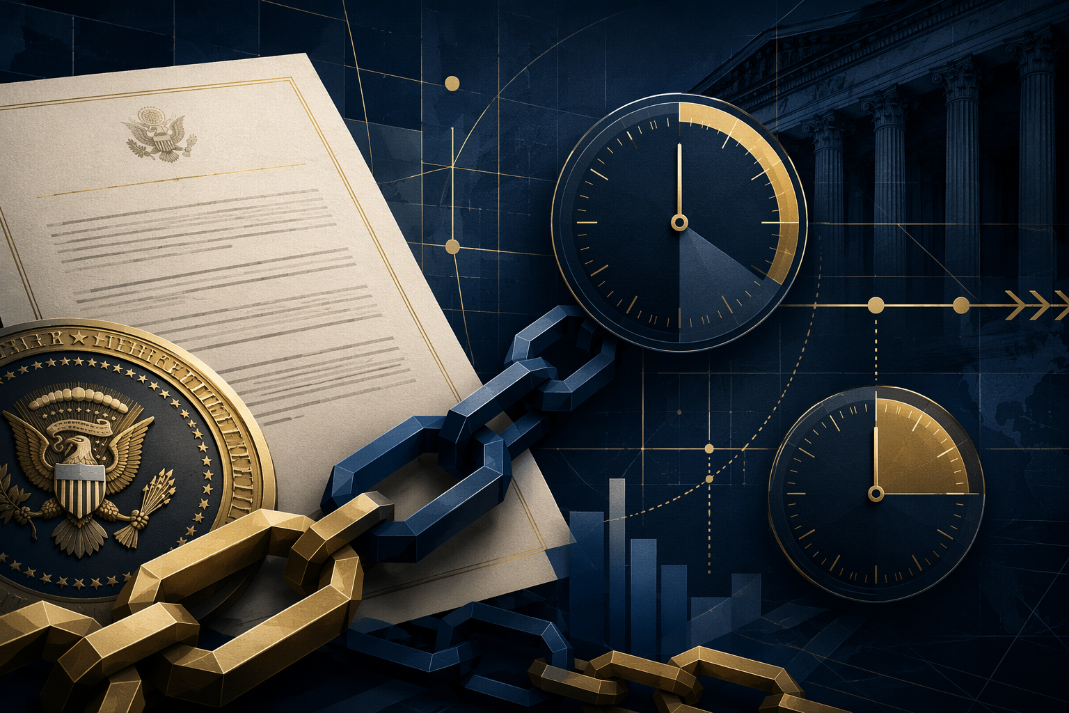 Legal document with presidential seal, enforcement chain links, deadline clocks, and regulatory grid lines