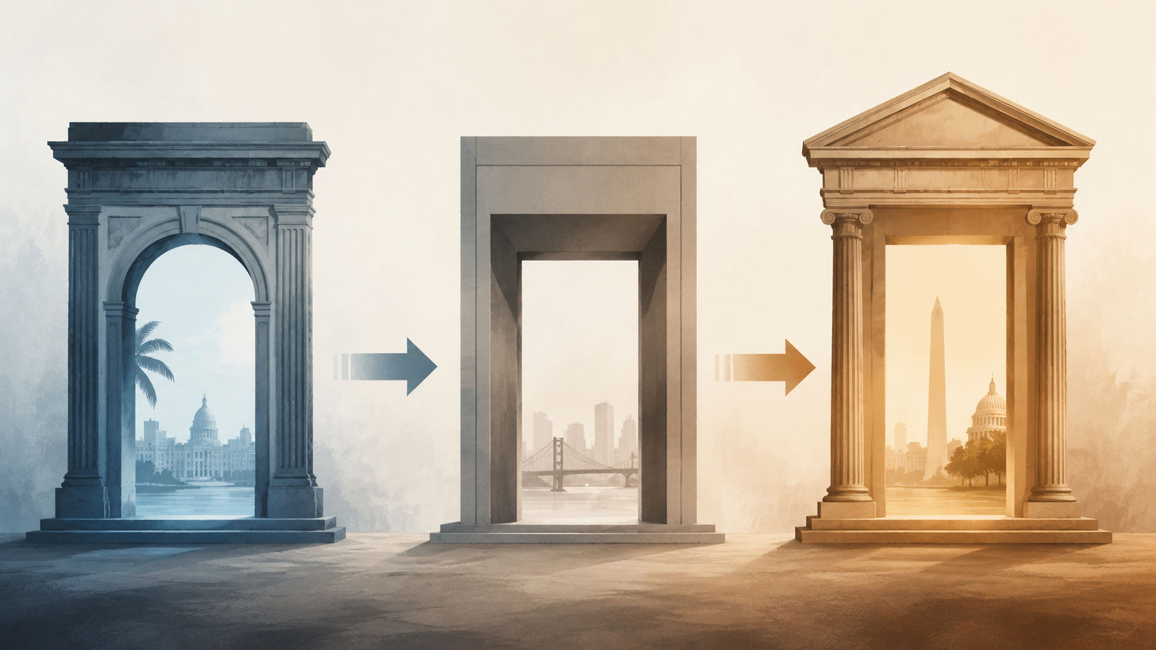 Three separate legal doorways representing Cuba's habeas corpus framework, US humanitarian parole, and the Cuban Adjustment Act