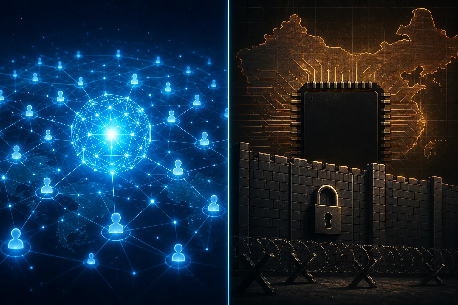 Split illustration of open-weight model access and China chip export controls as contrasting AI policy fault lines