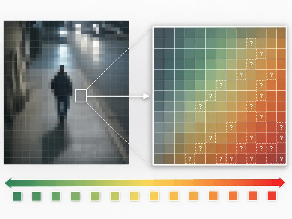 Diagram of surveillance pixels showing camera-captured data transitioning into machine-generated pixels