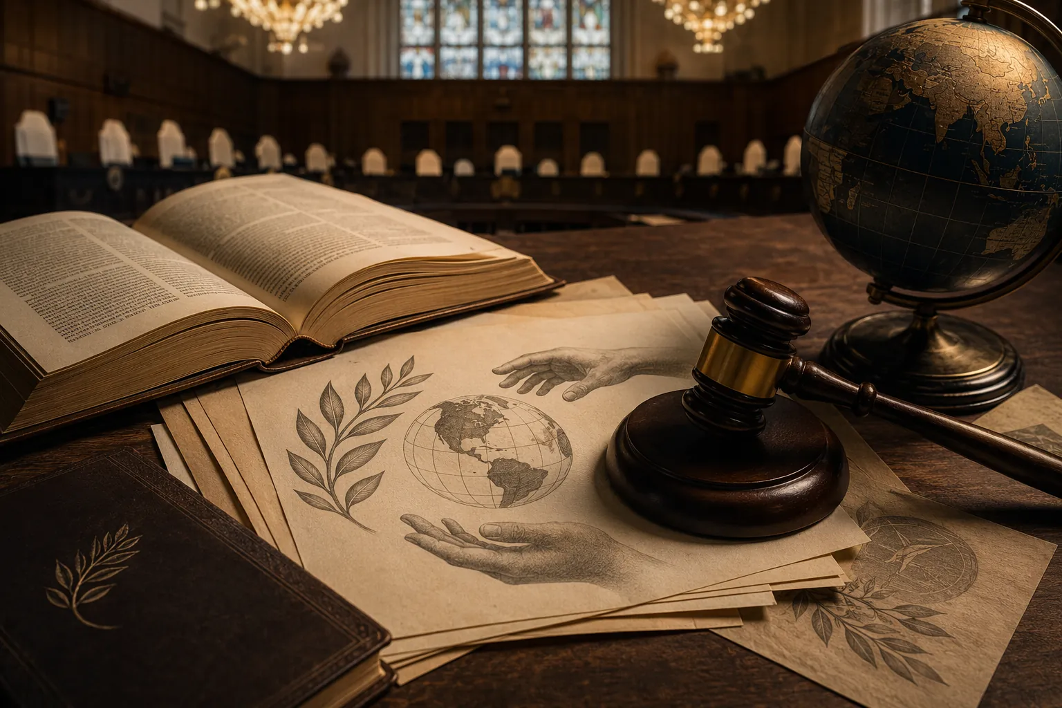 Open legal documents and law book on a dark desk with the ICJ Great Hall of Justice in the background