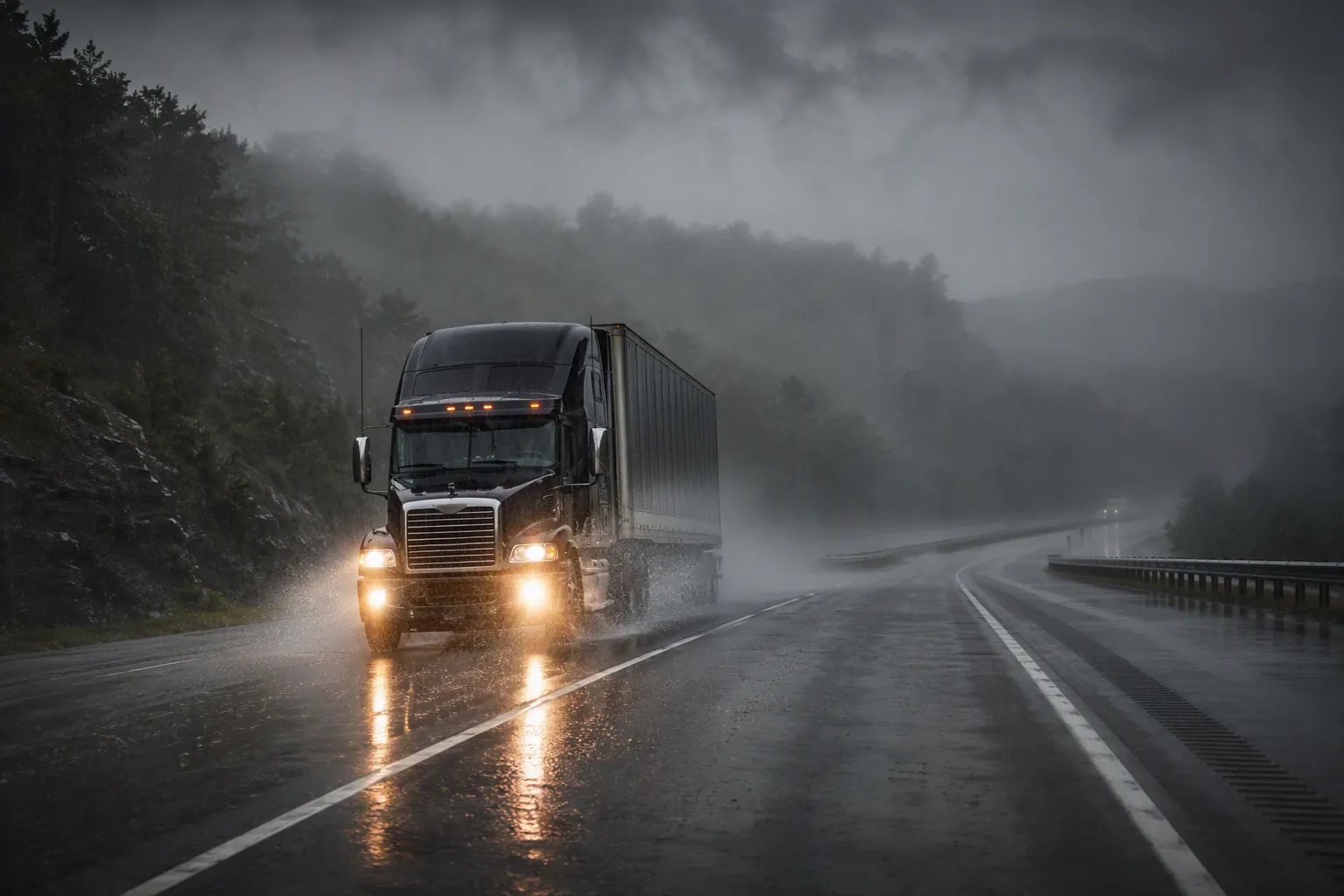 Commercial semi-truck driving through heavy rain and fog on a wet Alabama highway