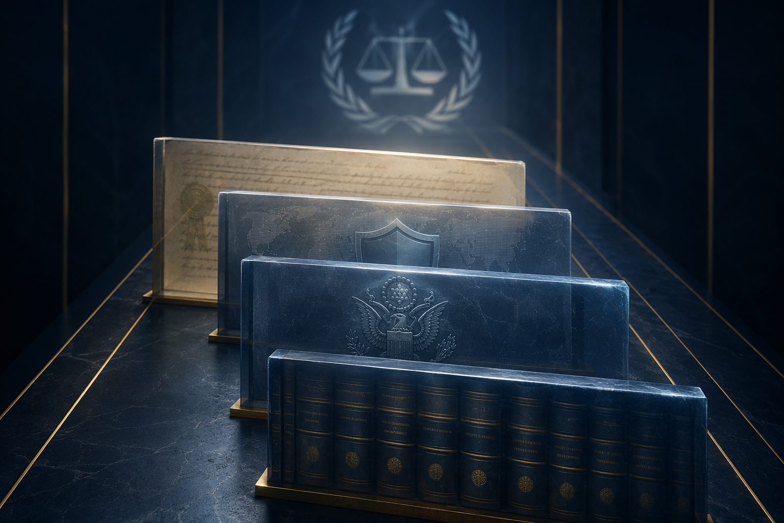 Four translucent legal barriers blocking a path toward an ICC seal