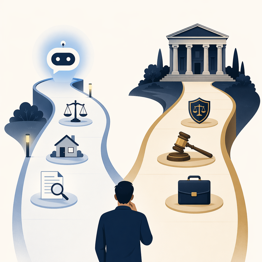 A fork-in-the-road decision path showing a digital pathway for simple legal tasks and a formal courthouse pathway for high-stakes legal matters.
