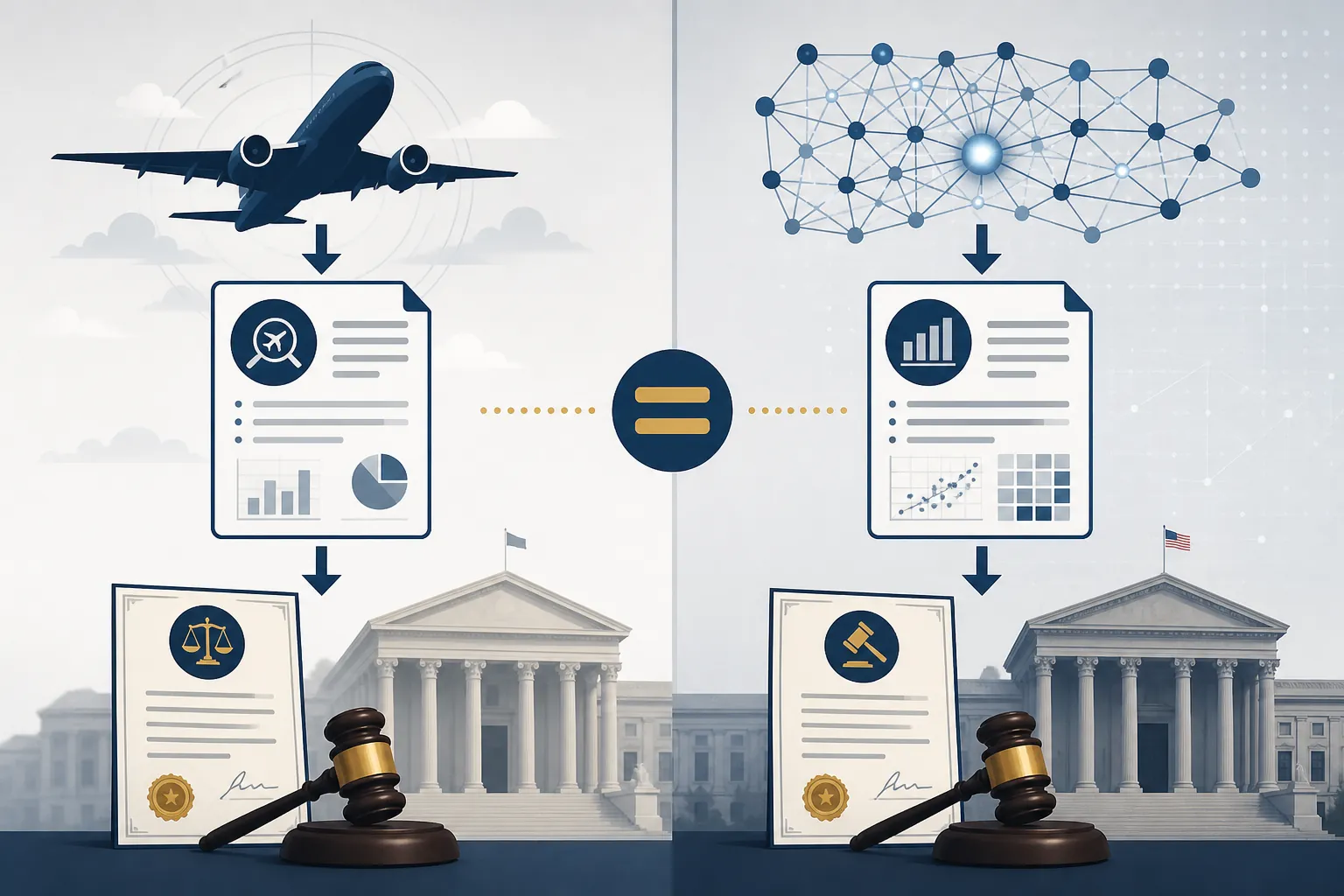 Parallel aviation and AI benchmark evidence flows leading to courtroom documents