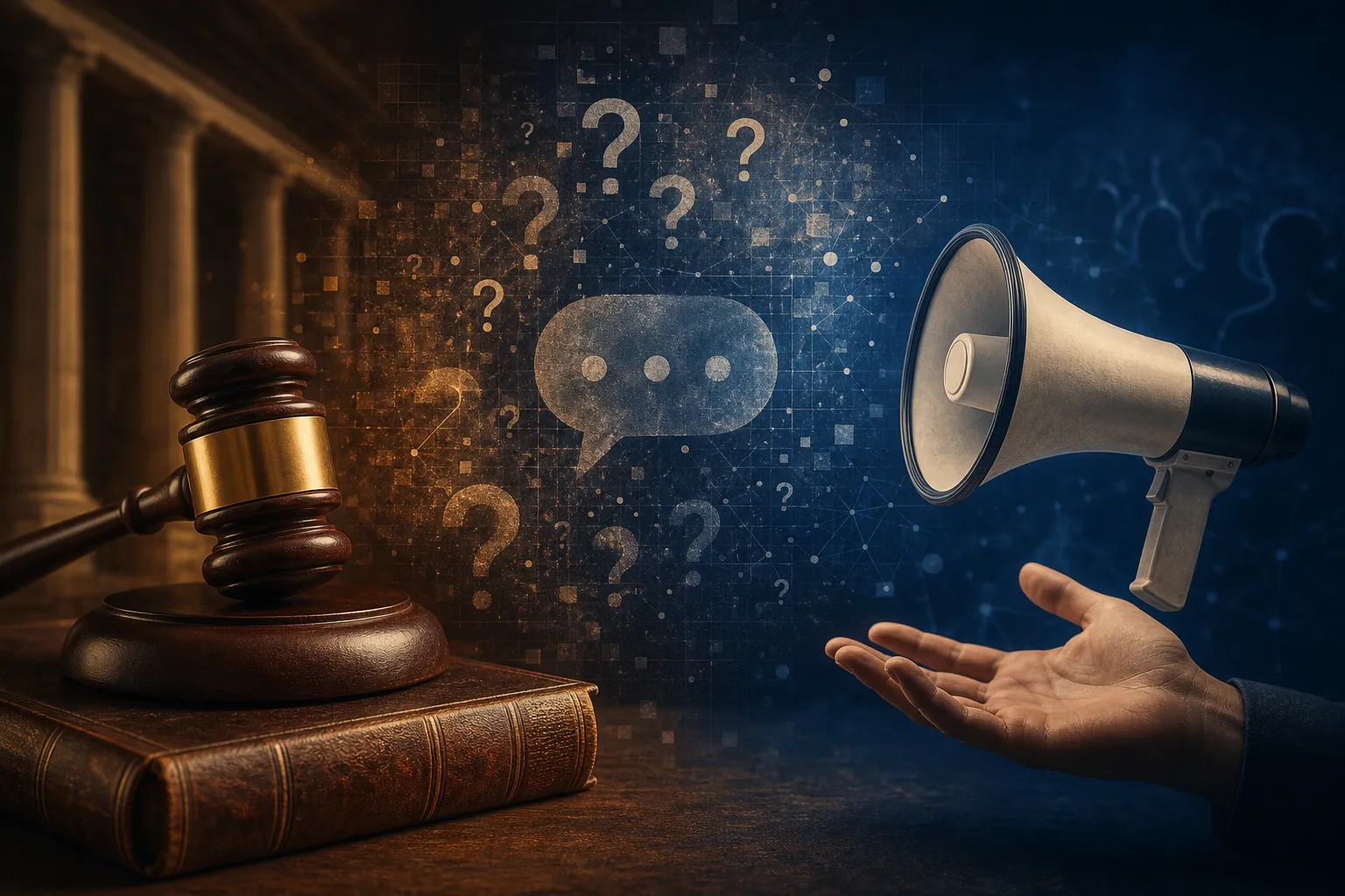 Judge's gavel, law book, megaphone, open hand, and abstract speech symbols in a legal-risk composition