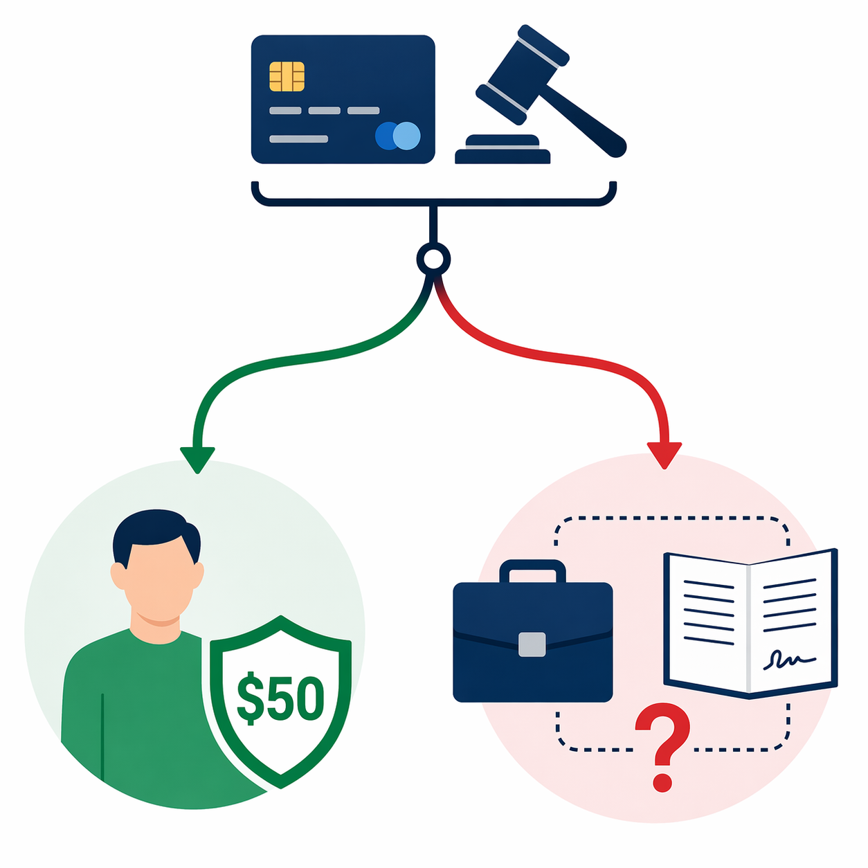 Fork diagram contrasting a consumer shield labeled $50 with a business contract zone