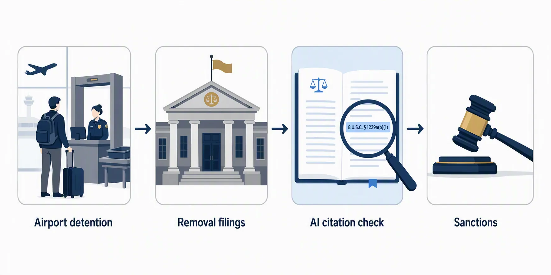 Workflow from airport detention to removal filings, AI citation check, and sanctions