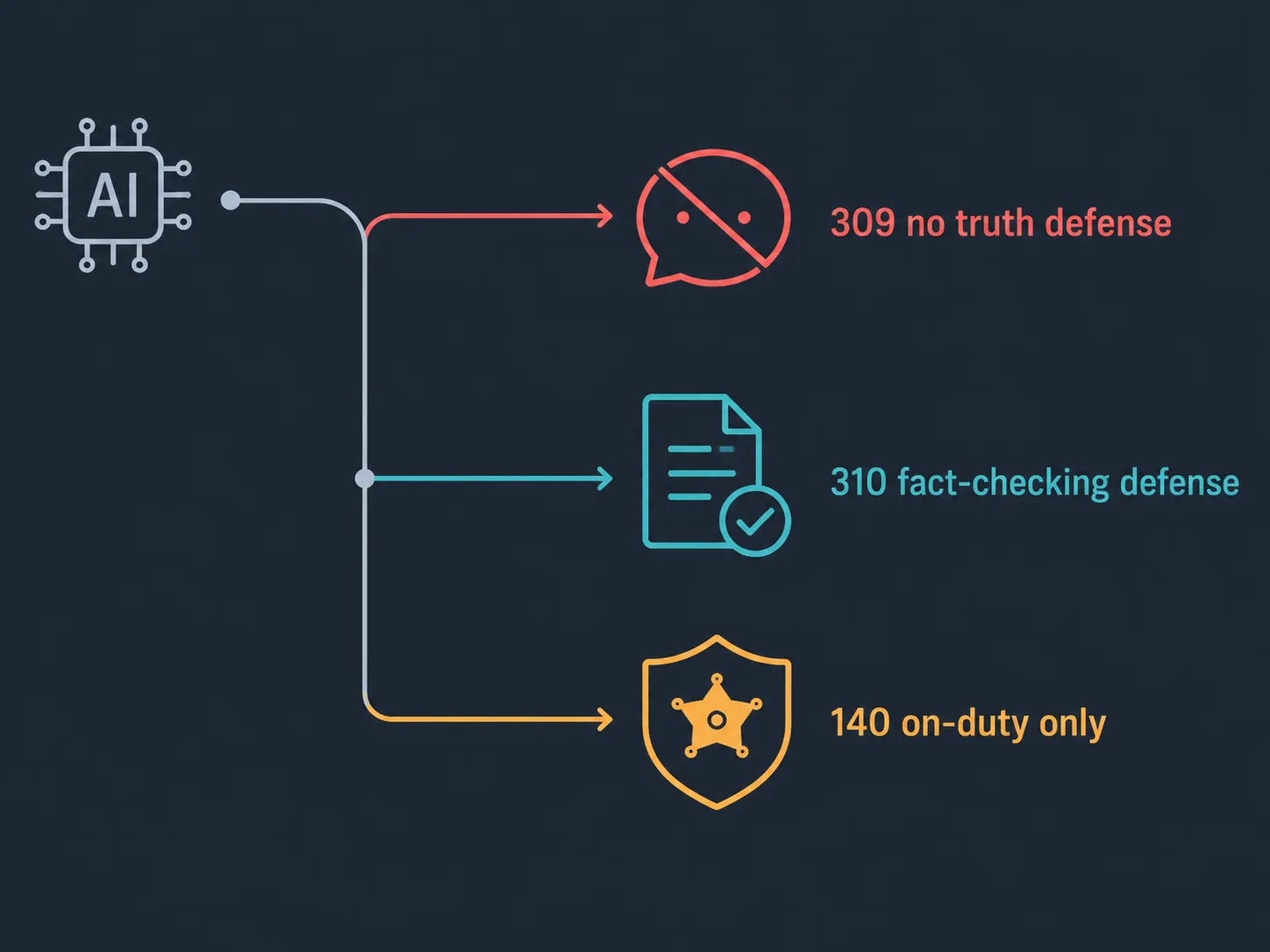 Decision map showing AI content routed to Article 309 insult, Article 310 defamation, and Article 140 public-official insult paths