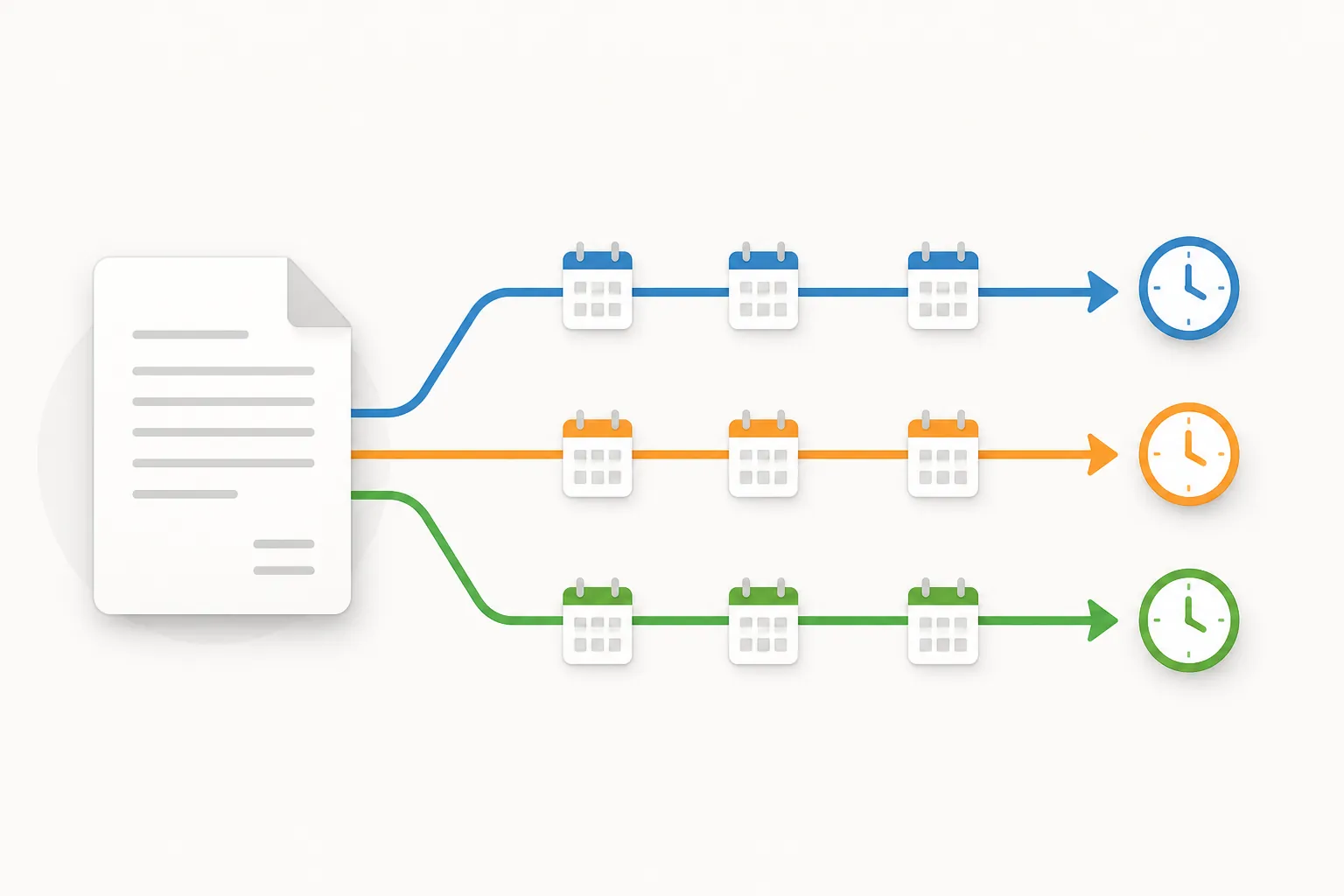 One denial document splitting into three timeline arrows with separate clock markers