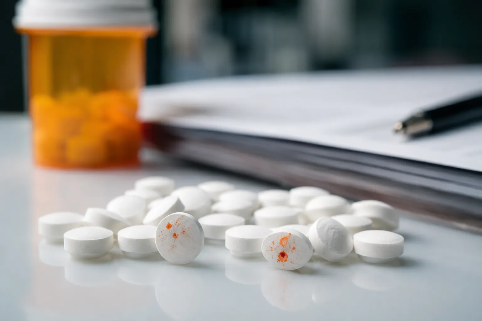 White pharmaceutical tablets with reddish-orange discoloration spots on a sterile surface