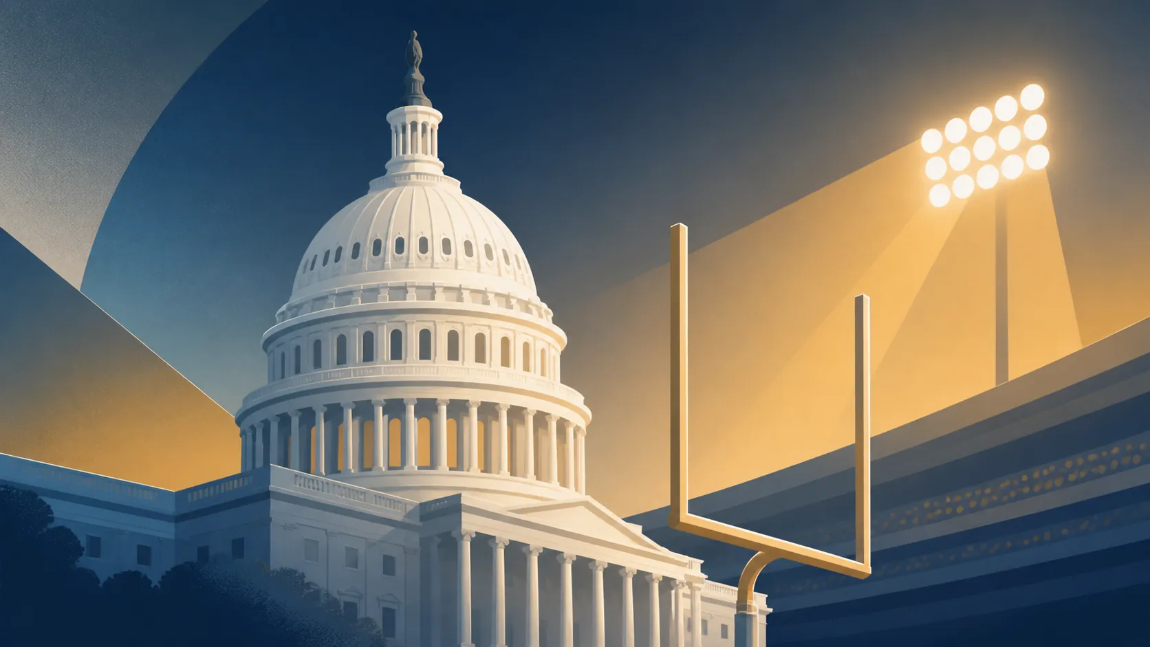 Minimalist US Capitol dome and college football stadium elements in navy and amber tones