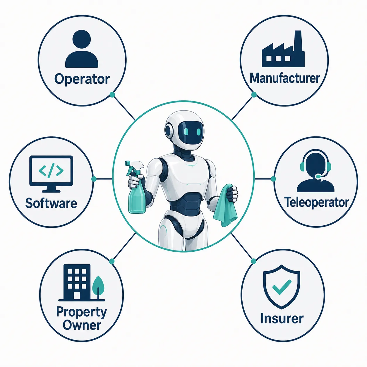 Liability allocation map connecting a humanoid cleaning robot to operator, manufacturer, software provider, teleoperator, property owner, and insurer