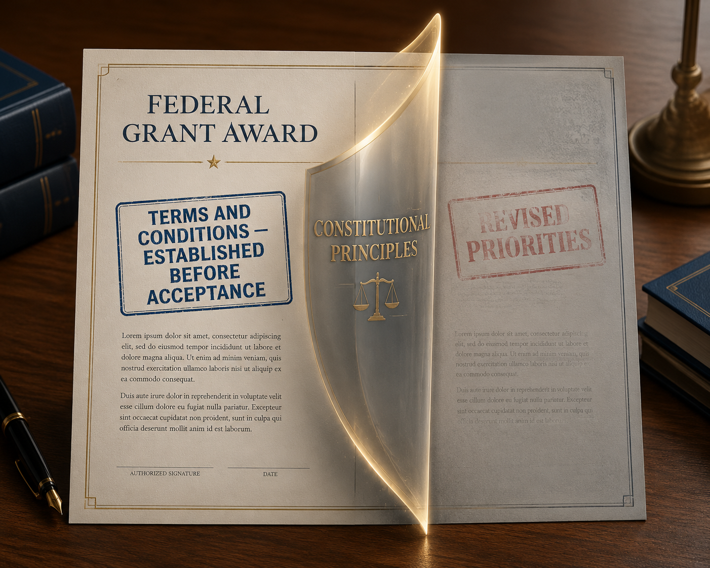 Grant award terms accepted before later revised priorities are blocked by a constitutional shield