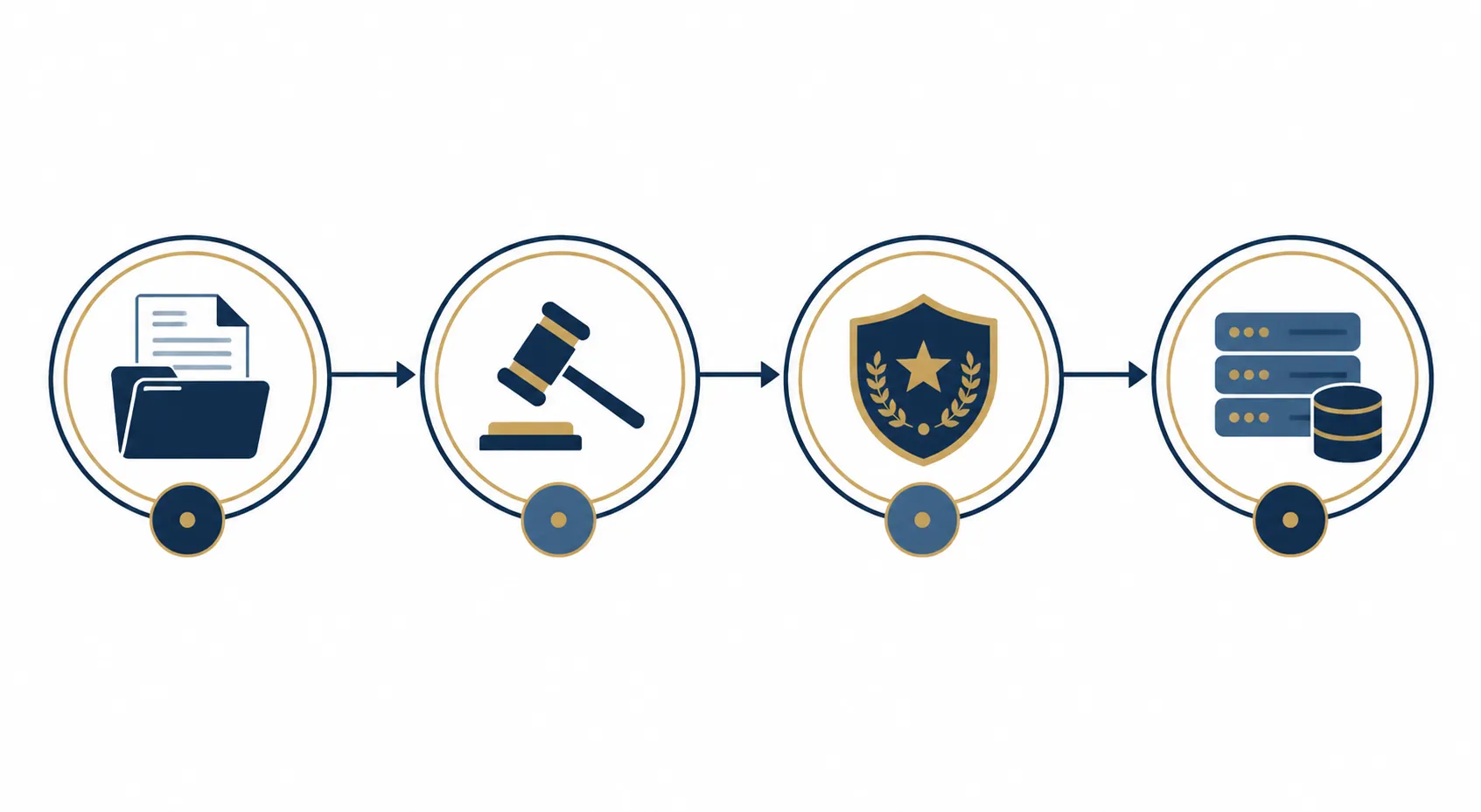 Workflow diagram showing documents, court docket, license check, and database verification steps