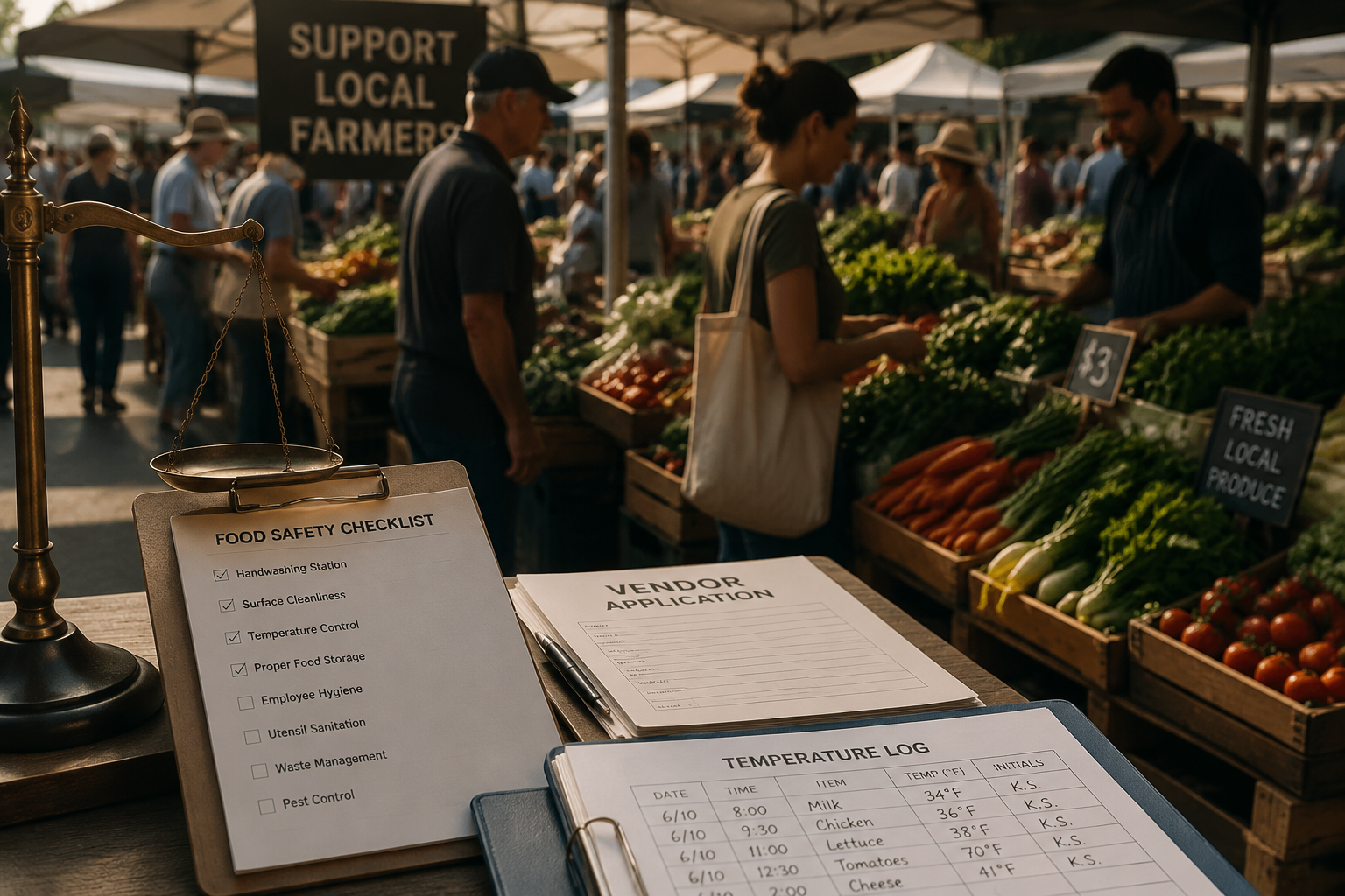 Farmers market produce stalls with shoppers and legal liability paperwork in the foreground