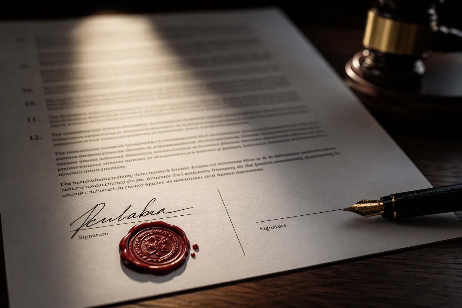 Signed legal contract with an unsigned signature line, fountain pen, wax seal, and gavel in the background