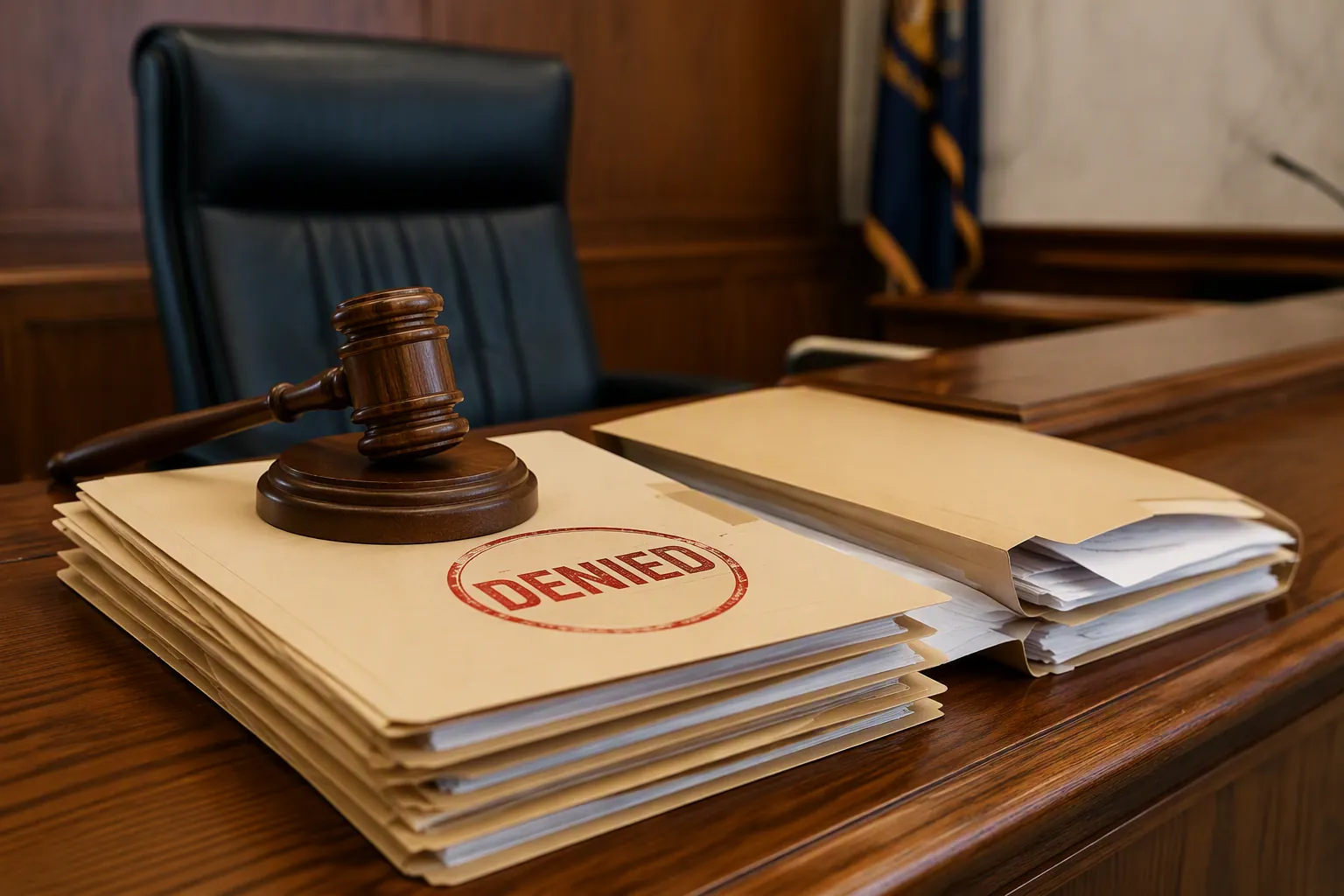 Probate case files with a denied stamp beside an open folder, illustrating a temporary request denied while the underlying matter remains pending