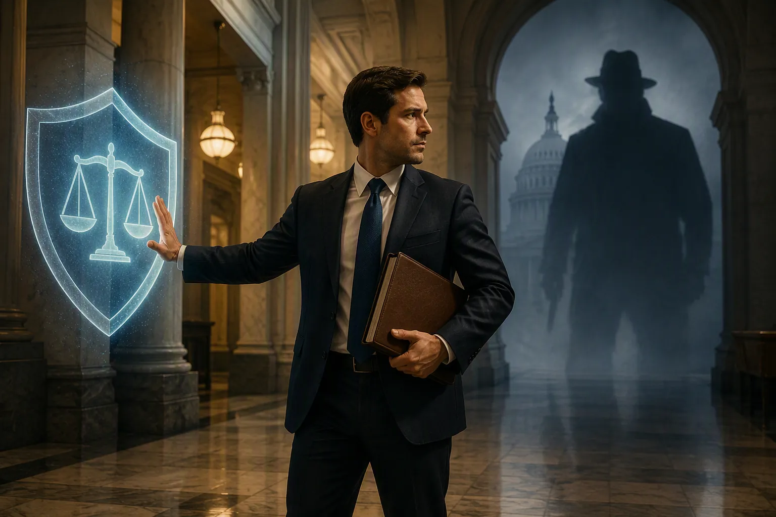 Defense attorney in a courthouse hallway beside a protective state shield while federal enforcement appears in the distance
