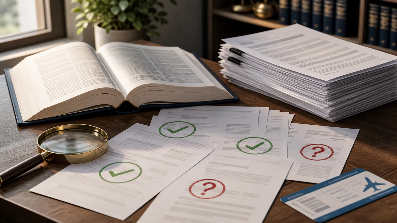 Legal-verification desk with an open law book, stamped claim documents, a magnifying glass, and an airplane boarding pass