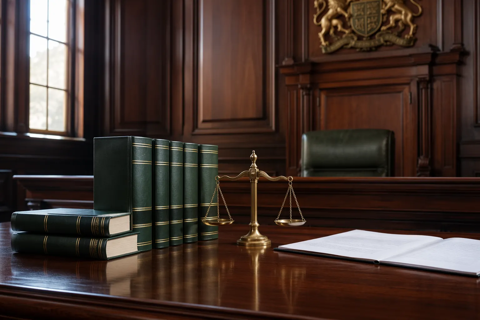 Crown Court judge's bench with legal volumes, scales of justice, and an open legal document