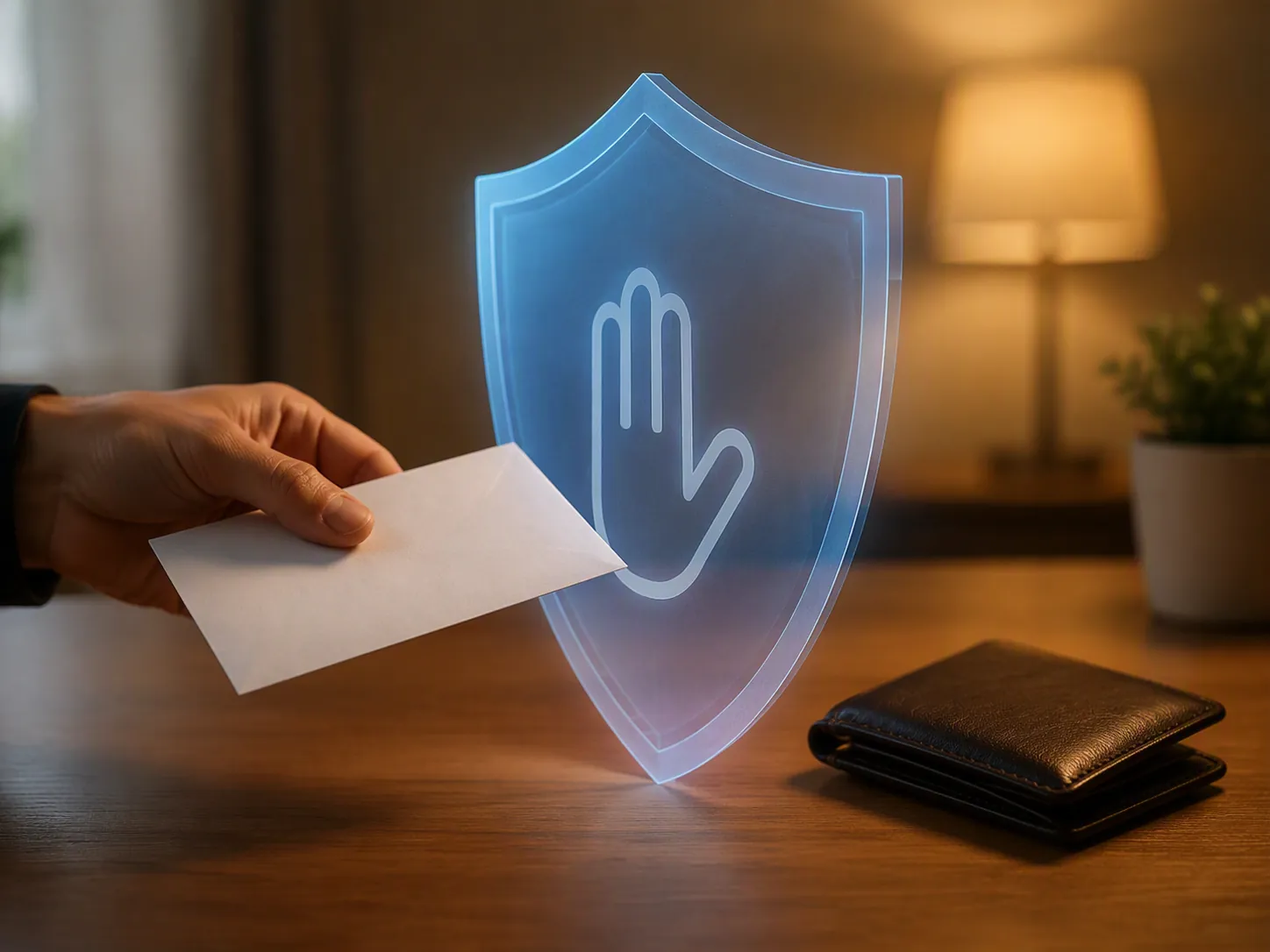 A payment-demand letter blocked by a blue shield with a closed wallet on a desk
