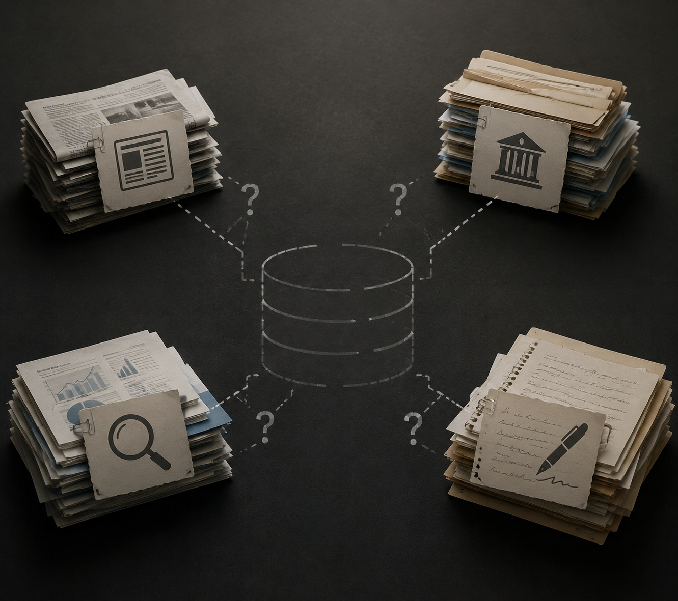 Separate stacks of documents marked with media, government, investigation, and handwritten-note icons connected to an incomplete database outline
