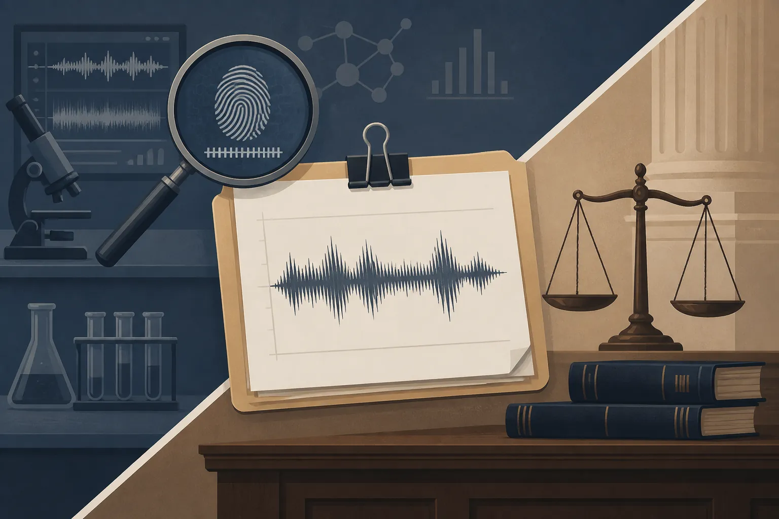 Audio recording exhibit divided into forensic authentication and courtroom legal analysis tracks