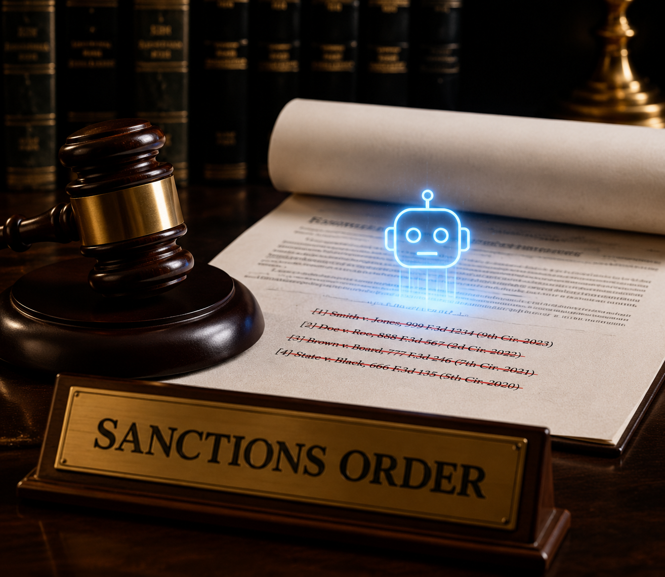 Judge's gavel beside a sanctions order and legal document with crossed-out citation footnotes
