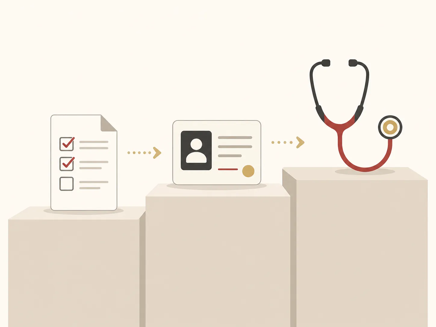 Three ascending steps with icons for a questionnaire, identity card, and medical stethoscope