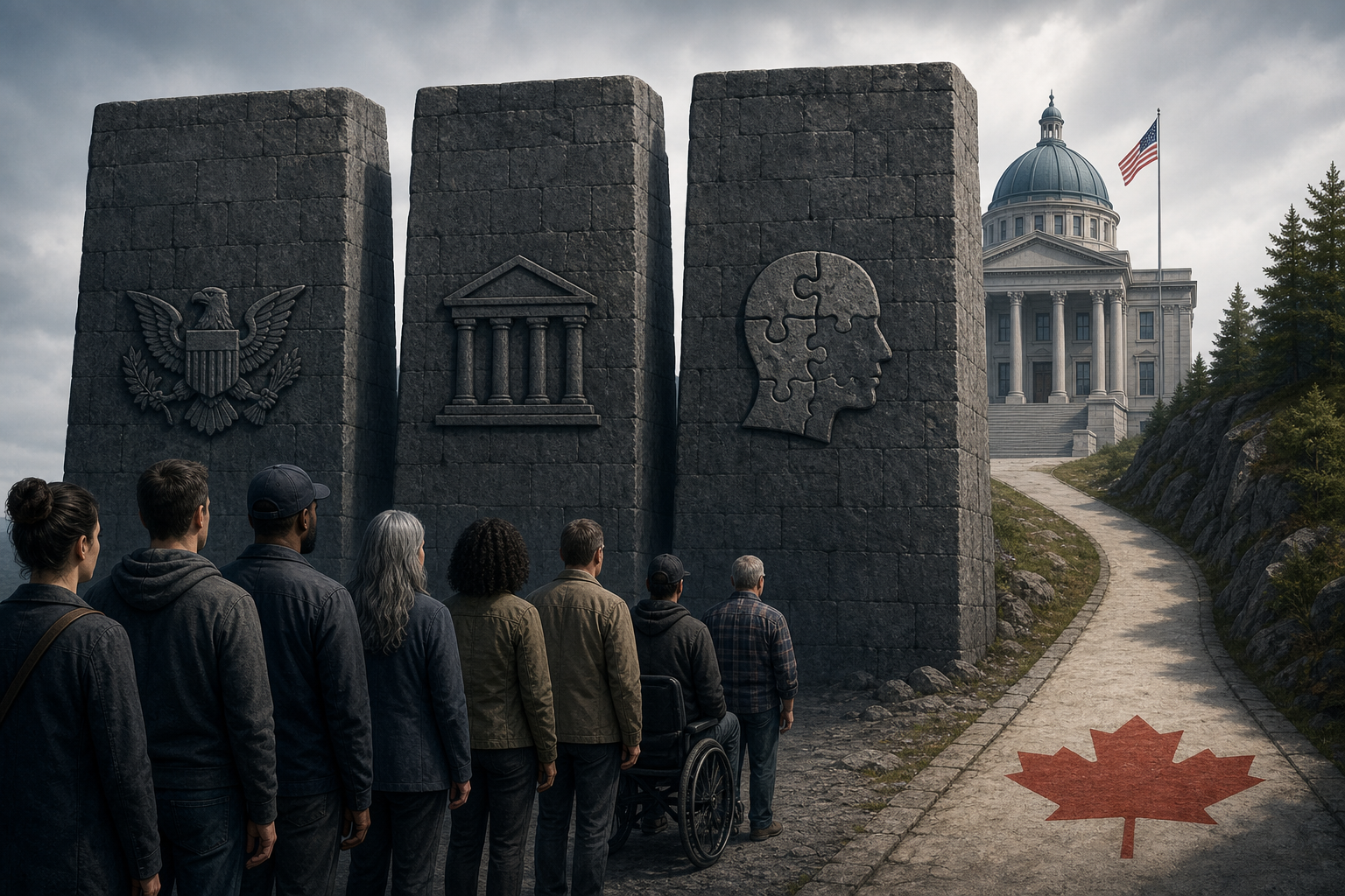 Illustration of legal doctrine barriers blocking MKULTRA victims from a U.S. courthouse with a separate Canadian pathway