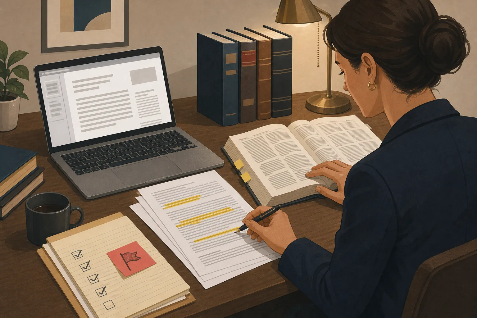Legal professional cross-checking an AI-generated draft against printed authorities and a verification checklist