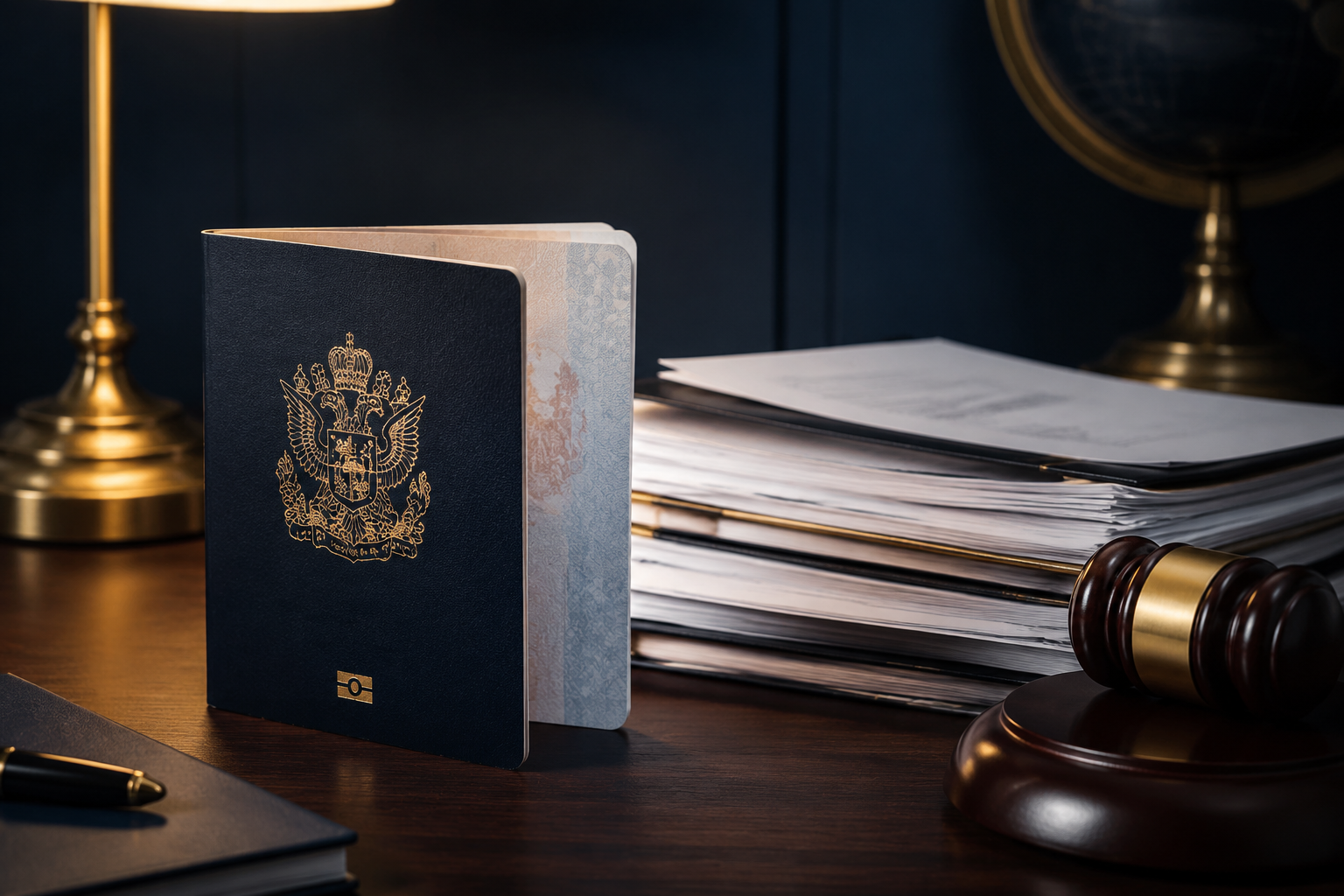 Antigua and Barbuda passport beside legal documents and regulatory papers on a dark desk